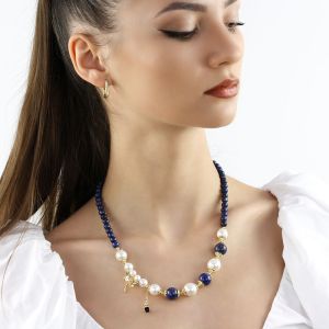 Colier "Sunset Dragonfly" din perle de Mallorca si lapis lazuli