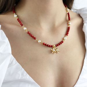 Colier "Starshell" din coral, cristale si perle de Mallorca