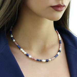 Colier "Solar Fall" din lapis lazuli, rodonit si perle