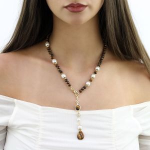 Colier "Blaze" din ochi de tigru si perle de Mallorca