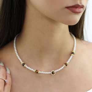 Colier "Delicado" din perle de Mallorca si ochi de tigru