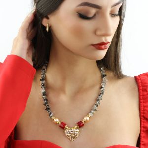 Colier "Ashmore" din cuart rutilat, coral si perle de Mallorca