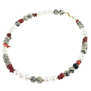 Colier "Cruella" din perle de Mallorca, jasp si coral