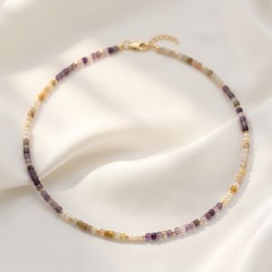 Colier "Lavender Kiss" din ametist, piatra soarelui si perle naturale