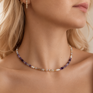 Colier "Lavender Kiss" din ametist, piatra soarelui si perle naturale