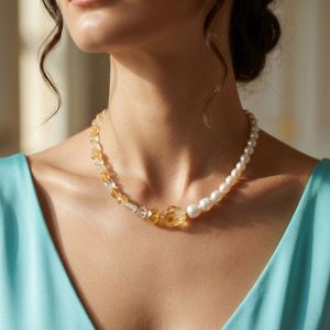Colier "Sandy Shore" din citrin si perle naturale