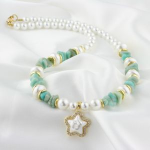 Colier "Marine Star" din perle de Mallorca si amazonit