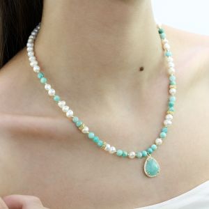 Colier "Amazelle" din perle naturale si amazonit