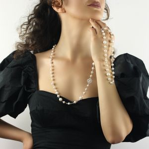 Colier versatil `Coco` din perle albe, cristale Swarovski si argint