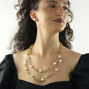 Colier versatil din perle de Mallorca albe si lant auriu