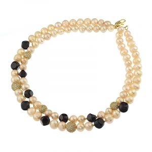 Colier exclusivist din perle naturale, granat si rhinestone auriu