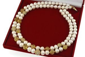 Colier exclusivist din perle naturale, citrin si rhinestone auriu