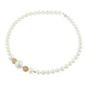 Colier din perle de Mallorca albe, rhinestone auriu si argint