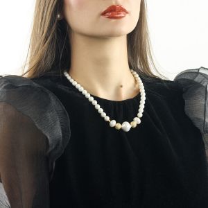 Colier din perle de Mallorca albe, rhinestone auriu si argint