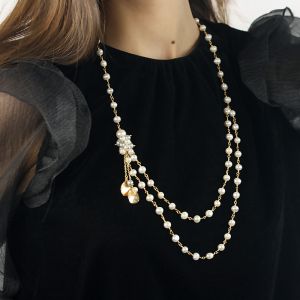 Colier lung din perle naturale albe si elemente placate cu aur 18k