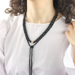 Colier lariat din perle de Mallorca negre, rhinestone si cristale Preciosa