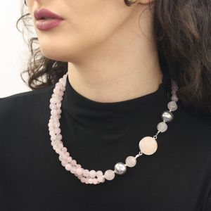 Colier din cuart roz si perle de Mallorca gri