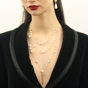 Colier multisir din perle naturale albe si lant placat cu aur 18k