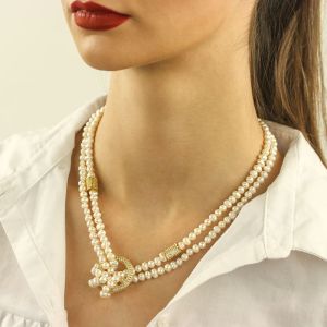 Colier versatil din perle naturale si rhinestone auriu