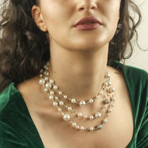 Colier versatil `Coco` din perle albe, cristale Precioasa si argint
