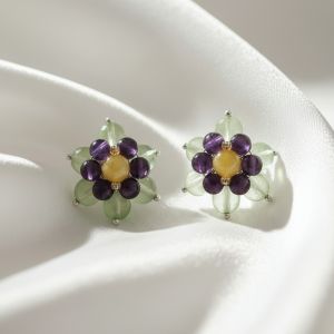 Cercei floare din prehnit, ametist si citrin