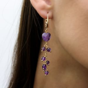 Cercei "Lavander Heart" din ametist si elemente placate cu aur 18k