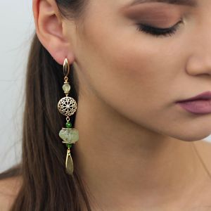 Cercei "Boho" din prehnit, jad si elemente placate cu aur 18k