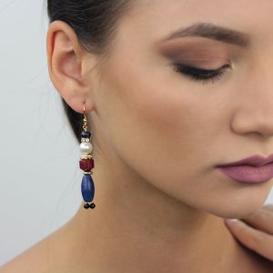 Cercei "Nutcracker" din perle de Mallorca, jad si lapis lazuli