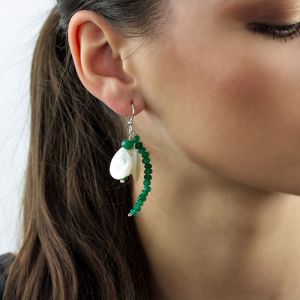 Cercei `Ghiocel` din jad verde, sidef alb si argint