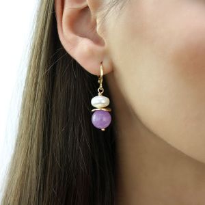 Cercei "Pastel Purple" din perle de Mallorca si cuart