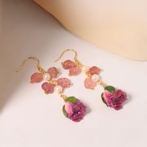 Cercei "Pink rose" din perle si cuart