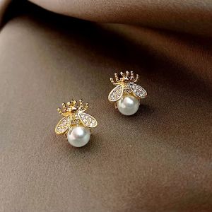 Cercei "Bee and pearl" placati cu aur