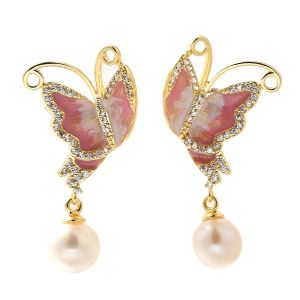 Cercei "Pink butterfly" placati cu aur