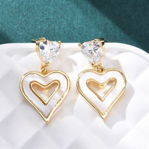 Cercei ''Double Heart'' placati cu aur, sidef alb si cristale