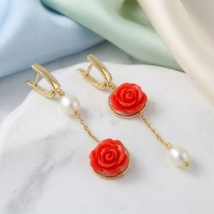 Cercei "Coral Rose" din coral si perle