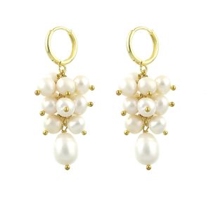 Cercei ciorchine din perle naturale albe si metal placat cu aur 14K