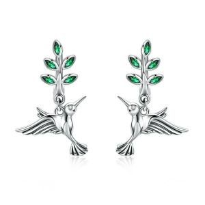 Cercei Colibri din argint si cristale verzi