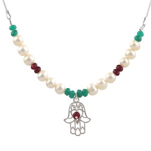 Colier "Hamsa" din argint, perle naturale si jad