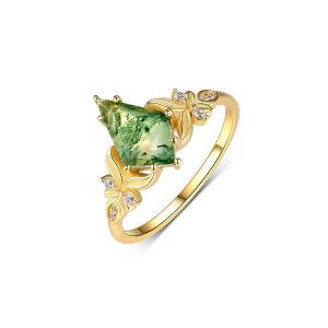 Inel argint placat cu aur 18k, agat moss si cristale