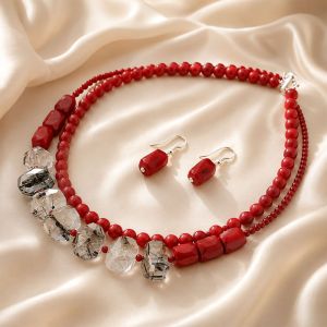 Set "Coral Myst" din coral rosu si cuart rutilat