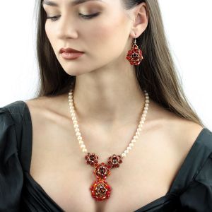 Set exclusivist din perle naturale si cristale Swarovski Fire Opal