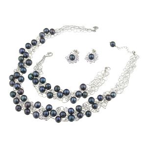 Set crosetat din perle naturale negre, cristale Preciosa si argint