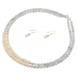 Set din perle naturale albe buton, acvamarin si argint