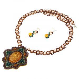Set unicat din perle naturale, chihlimbar si cristale Swarovski