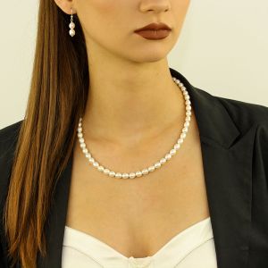 Set perle naturale albe ovale si argint