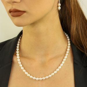 Set perle naturale albe ovale si argint