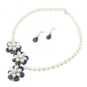 Set flori din perle naturale ovale, blue spot si argint