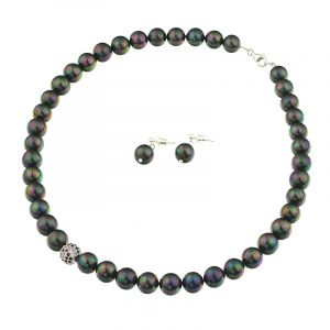 Set perle de Mallorca negre, rhinestone multicolor si argint