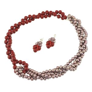 Set rasucit din perle de Mallorca rosu-maro si argint