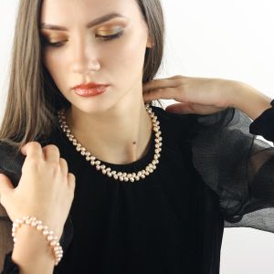 Set clasic din perle naturale piersica si argint